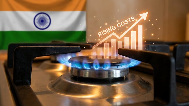 Rising gas costs illustrated by rising graph on stove with Indian flag background representing inflation in national energy prices.