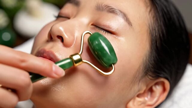 Woman using jade facial roller for skincare.