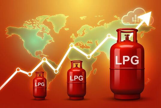 Global rise in LPG gas cylinder prices and consumption shown by upward trend graph over world map indicating energy market demand and international commodity exchange rates.