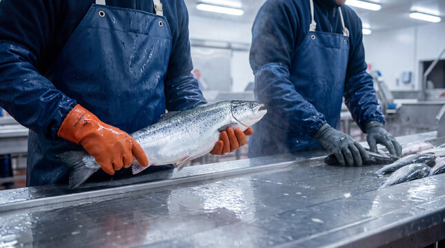 Worker's gloved hands hold a vibrant fresh salmon, ensuring quality and freshness in a seafood processing facility