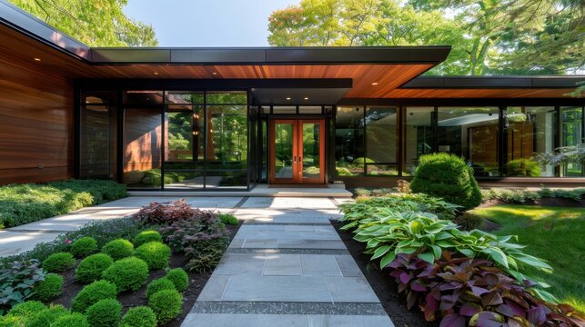 Modern architectural design of a stylish home entrance with lush landscaping and natural light in a serene setting