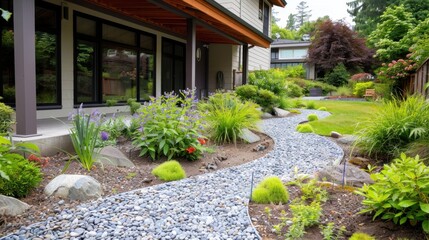 Fototapeta premium Beautiful and Tranquil Residential Garden Pathway Surrounded by Lush Greenery and Colorful Flowers in Springtime