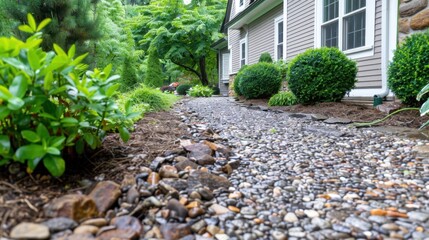 Fototapeta premium Tranquil garden pathway with stones and greenery leading to a charming house exterior in a serene outdoor setting