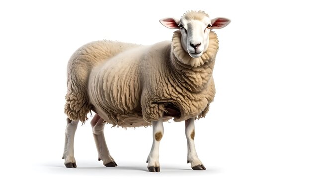 A solitary sheep stands proudly, facing forward on a clean white background