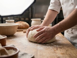 Fototapeta premium Skilled artisan baker demonstrates traditional bread making techniques by kneading fresh yeast dough on a rustic wooden surface with soft light.