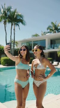 Two Women Taking Selfie by Luxury Resort Pool, Sunny Day, Bikinies, Friendship, Vacation Lifestyle.Two Women Taking Selfie by Luxury Resort Pool, Sunny Day, Bikinies, Friendship, Vacation Lifestyle.