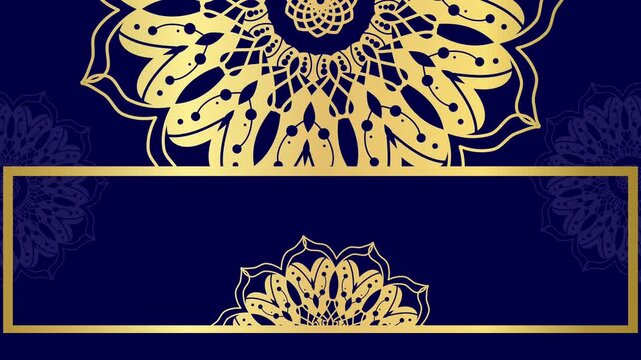 Luxury Islamic background featuring large golden mandala border at the top and bottom on elegant navy blue textured surface with frame