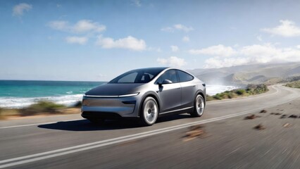 Obraz premium Futuristic electric car on coastal road, A sleek modern electric car with aerodynamic curves and metallic gray finish driving along a scenic coastal road