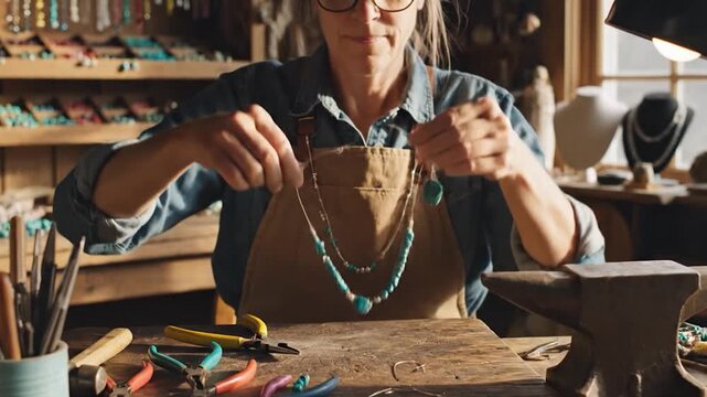 A skilled artisan meticulously crafts a beautiful beaded necklace with tools and materials in a rustic workshop setting