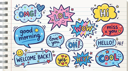 Naklejka premium Colorful Hand Drawn Speech Bubble Doodles on Lined Notebook Paper for Social Media and Creative Marketing Design