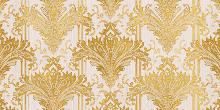 Vintage seamless pattern with golden wheat ears and ornate damask floral textile ornaments in a retro victorian baroque style illustration