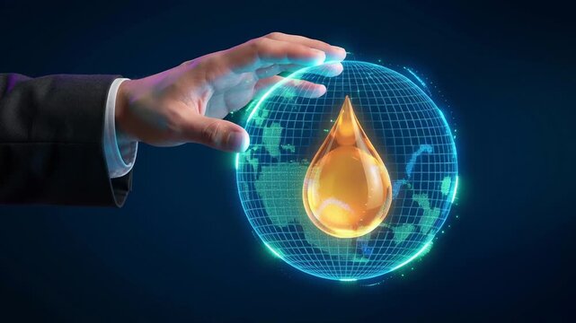 International energy commodity market with dynamic stock fluctuations in oil and gas sectors shown by hand controlling digital globe and oil drop symbol worldwide