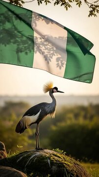 Grey Crowned Crane Standing on Rock with Nigerian Flag Background