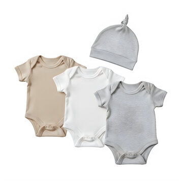 Three neutral-toned baby rompers laid out in a row