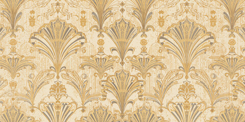 Vintage seamless pattern with golden wheat ears and damask floral ornaments on a brown antique textile texture for retro wallpaper or baroque backdrop illustration © RazuAhmed