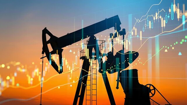 International oil and gas commodity market with pumpjack silhouette at sunset and stock market graph overlay showing energy price trends in global trade sector