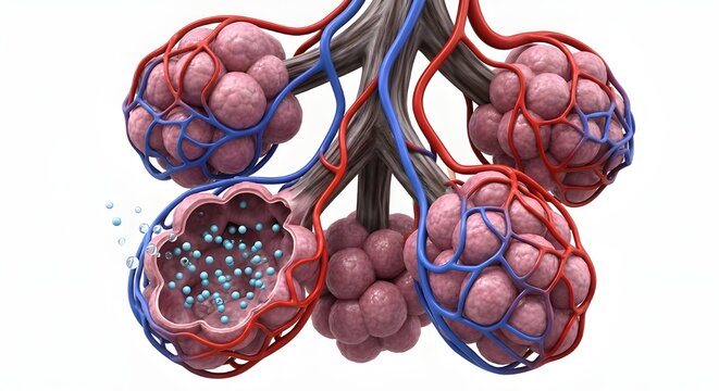 Ilustraci&oacute;n m&eacute;dica detallada de alveolos pulmonares con vasos sangu&iacute;neos para educaci&oacute;n y ciencia respiratoria