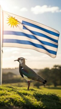Southern Lapwing Tero bird standing on green grass with Uruguay flag under sunny sky