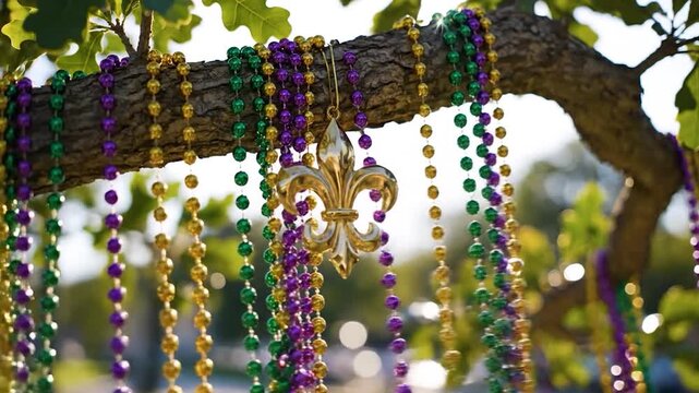 Decorative beads and a golden emblem hang from a tree branch in the sunlight