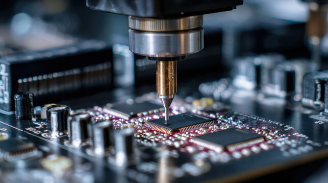 Robot assembly circuit board microchip soldering automation robotics technology electronics precision industry electronic component manufacturing production factory automated surface closeup