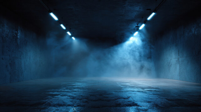 Dark street background empty road blue light foggy atmosphere night scene urban tunnel dramatic lighting moody scene concrete wall empty space Dark street background blue light with foggy