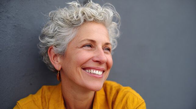 Smiling woman gray hair senior portrait happy yellow shirt curly hair closeup natural light wall background Confident smiling woman with gray curly hair yellow shirt, senior female portrait