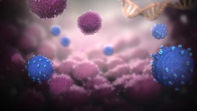 Genetic modification enables immune cells to kill tumors. Gene chain mutations lead to tumor cell proliferation and mutated DNA and molecular science biotechnology. Immunotherapy 3D animation.