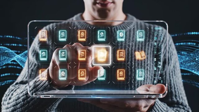Futuristic Digital Library Interface with a man interacting with a transparent tablet displaying glowing book icons for online education and digital publishing concepts.