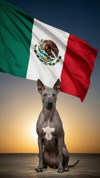 Xoloitzcuintli Mexican Hairless Dog Sitting Under National Flag at Sunset