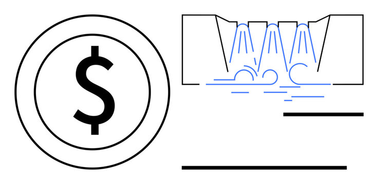 Finance, water conservation, infrastructure funding, sustainability, economics, resources management. Circular dollar sign and dam with water flow. Finance and water conservation conceptual visual