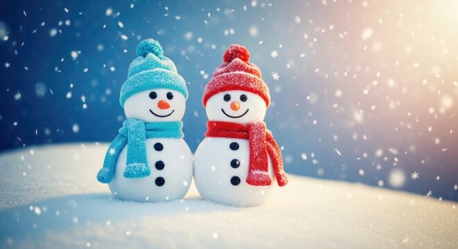 Two snowmen wearing colorful hats and scarves standing on snowy ground winter