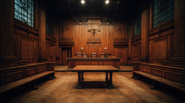 Empty courtroom wood interior bench jury box justice law legal trial solemn atmosphere, warm light over judge bench and central table
