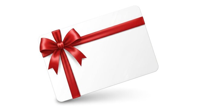 White gift card with red ribbon and bow white card present