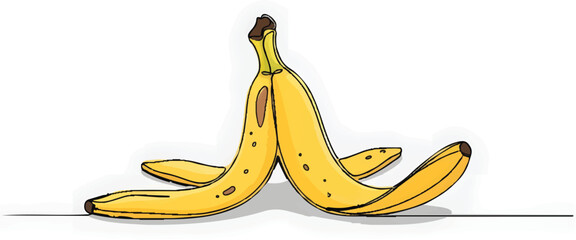 Two vibrantly yellow banana peels, discarded yet artfully arranged, stand upright in a playful and symbolic composition, transforming organic waste into an unexpected visual statement © Jack