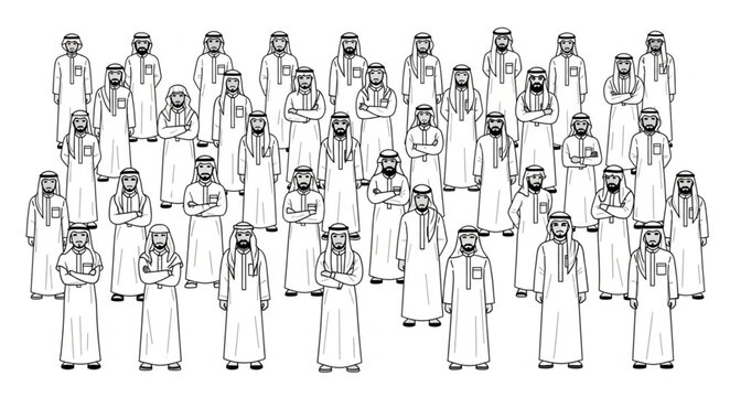 Group of Arab men in traditional attire standing together.