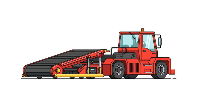 Red airport baggage conveyor vehicle ready for loading and unloading luggage.