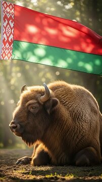 European Bison Resting Under Belarus Flag, National Symbol of Belarusian Nature