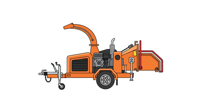 Orange wood chipper machine on wheels ready for tree processing and waste management.