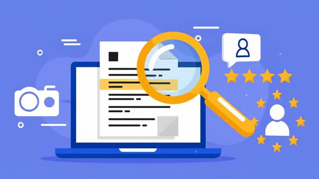 Professional Digital Audit and Review Concept featuring a laptop with a magnifying glass over a document and star ratings ideal for business verification and online reputation management.