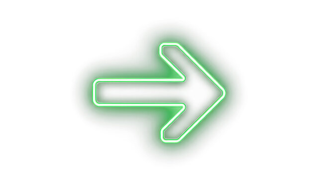 Green color bright light neon arrow pointer pointing left with glowing effect on transparent background for stylish designson black background