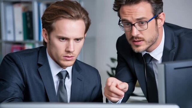 Two men in office attire focus on a computer screen while discussing work-related topics in a modern office environment during the day