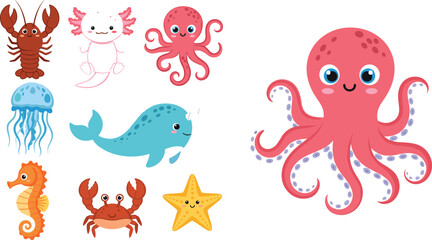 Cute Ocean Animal Vector Collection with Octopus, Crab, Lobster, Seahorse, Jellyfish, Narwhal, Starfish, and Axolotl Illustrations for Kids, Education, and Digital Projects © MD SOJIB 