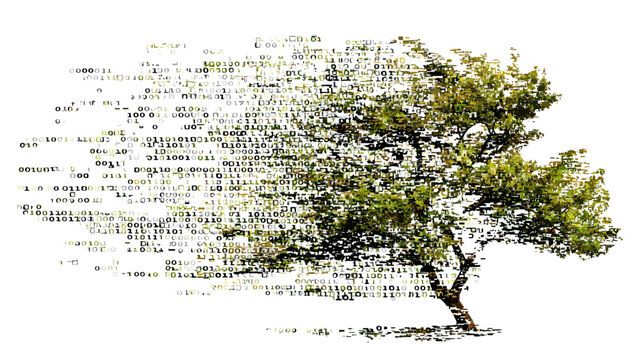 A digital tree composed of binary code against a white background with green and brown hues