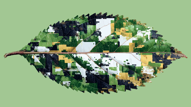 A digitally rendered leaf with pixelated sections in greens, black, yellow, and white on a green background