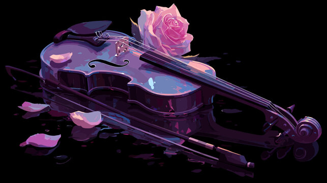 A pixelated rendering of a violin, bow, and a pink rose over a reflective surface, dark background