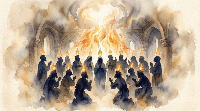 Pentecost Sunday Holy Spirit Descent Flames of Fire Bible Worship Christian Art Illustration