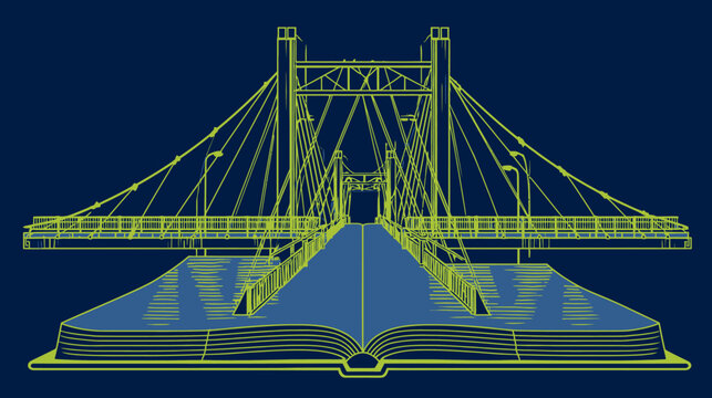 A suspension bridge illustration, emerging from an open book, with a blue and green color scheme