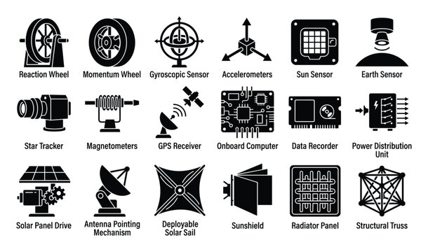 Comprehensive collection of black silhouette icons representing essential spacecraft components and satellite subsystems, perfect for aerospace engineering diagrams, technical