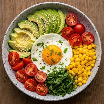 Delicious bowl of avocado egg tomatoes corn and greens for breakfast for keto food plan, keto diet ideas, keto dish