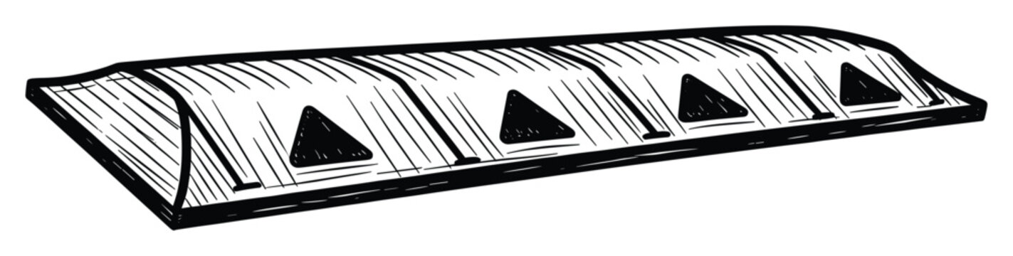 Hand drawn sketch of a modern architectural structure featuring geometric triangular openings and a long arched form perfect for construction planning and design concepts